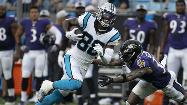 CHARLOTTE, NC - AUGUST 21: Terrace Marshall Jr. #88 of the Carolina Panthers runs the ball against the Baltimore Ravens during the first half of a NFL preseason game at Bank of America Stadium on August 21, 2021 in Charlotte, North Carolina.