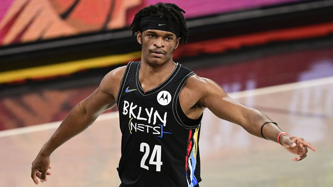 NEW YORK, NEW YORK - MAY 25: Alize Johnson #24 of the Brooklyn Nets celebrates a basket against the Boston Celtics in Game Two of the First Round of the 2021 NBA Playoffs at Barclays Center on May 25, 2021 in New York City.