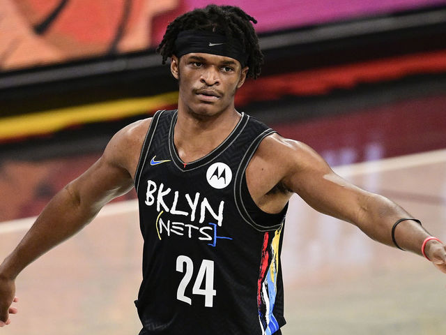 NEW YORK, NEW YORK - MAY 25: Alize Johnson #24 of the Brooklyn Nets celebrates a basket against the Boston Celtics in Game Two of the First Round of the 2021 NBA Playoffs at Barclays Center on May 25, 2021 in New York City.