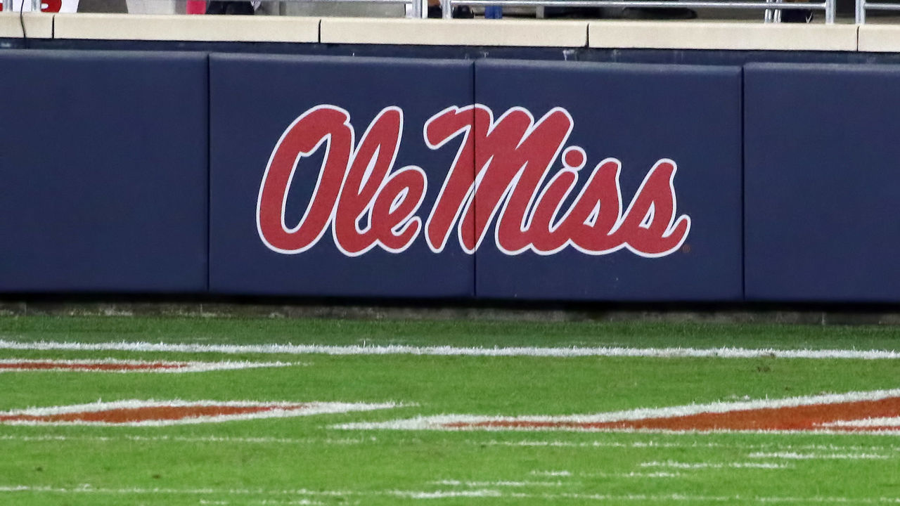OXFORD, MS - NOVEMBER 14: The Ole Miss logo is on display during the game between the Ole Miss Rebels and the South Carolina Gamecocks on November 14, 2020, at Vaught-Hemingway Stadium in Oxford, MS.
