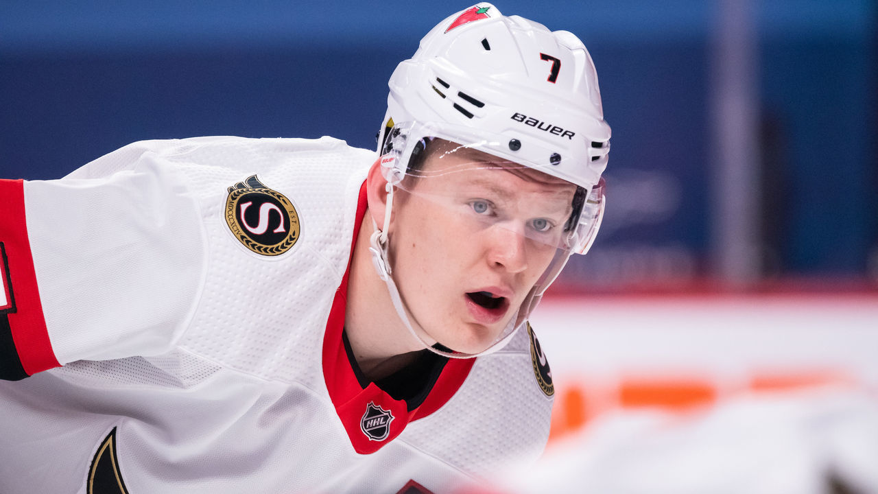 MONTREAL, QC - MAY 01: Brady Tkachuk (7) of the Ottawa Senators waits for play to begin during the first period of the NHL game between the Ottawa Senators and the Montreal Canadiens on May 1, 2021, at the Bell Centre in Montreal, QC