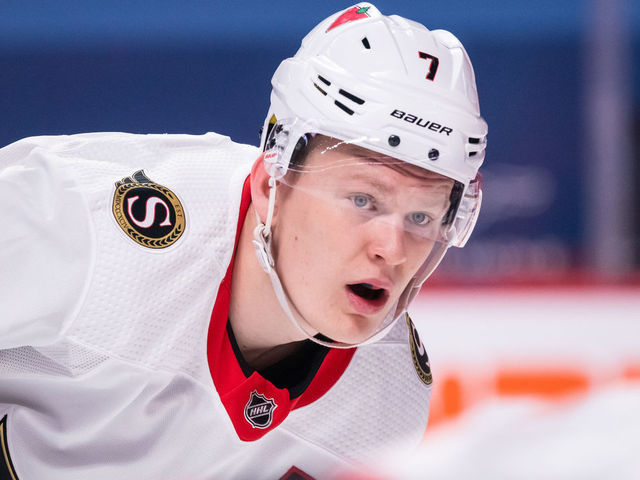 MONTREAL, QC - MAY 01: Brady Tkachuk (7) of the Ottawa Senators waits for play to begin during the first period of the NHL game between the Ottawa Senators and the Montreal Canadiens on May 1, 2021, at the Bell Centre in Montreal, QC