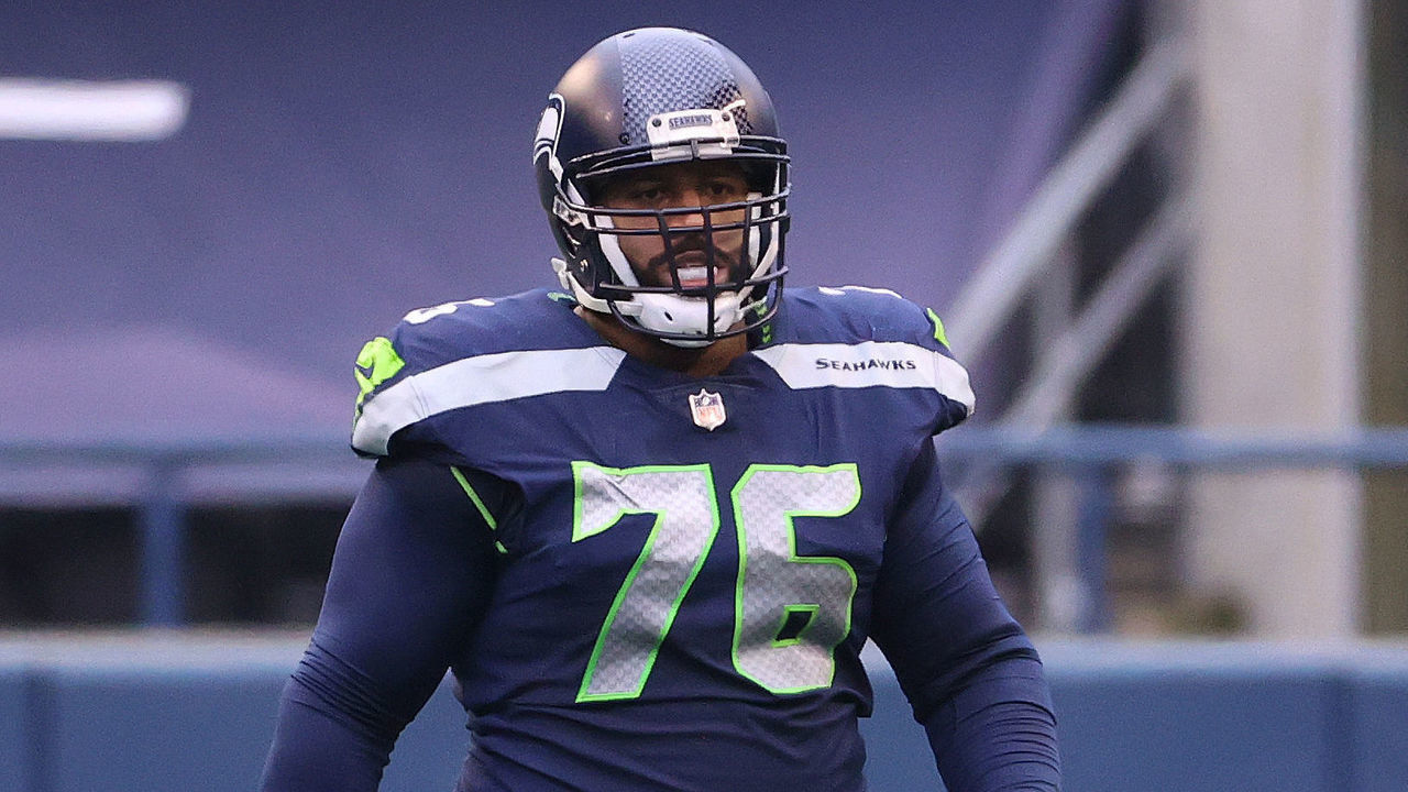 SEATTLE, WASHINGTON - JANUARY 09: Duane Brown #76 of the Seattle Seahawks looks on in the second quarter against the Los Angeles Rams during the NFC Wild Card Playoff game at Lumen Field on January 09, 2021 in Seattle, Washington.