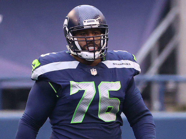 SEATTLE, WASHINGTON - JANUARY 09: Duane Brown #76 of the Seattle Seahawks looks on in the second quarter against the Los Angeles Rams during the NFC Wild Card Playoff game at Lumen Field on January 09, 2021 in Seattle, Washington.