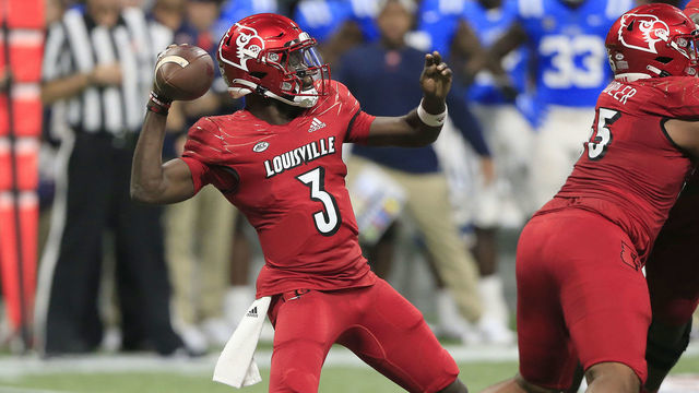 ATLANTA, GA - SEPTEMBER 06: Malik Cunningham (3) of the Louisville Cardinals drops back to pass during the 2nd Chick-fil-A Kickoff game of the Labor Day weekend between the Louisville Cardinals and the Ole Miss Rebels on September 06, 2021 at the Mercedes-Benz Stadium in Atlanta, Georgia.