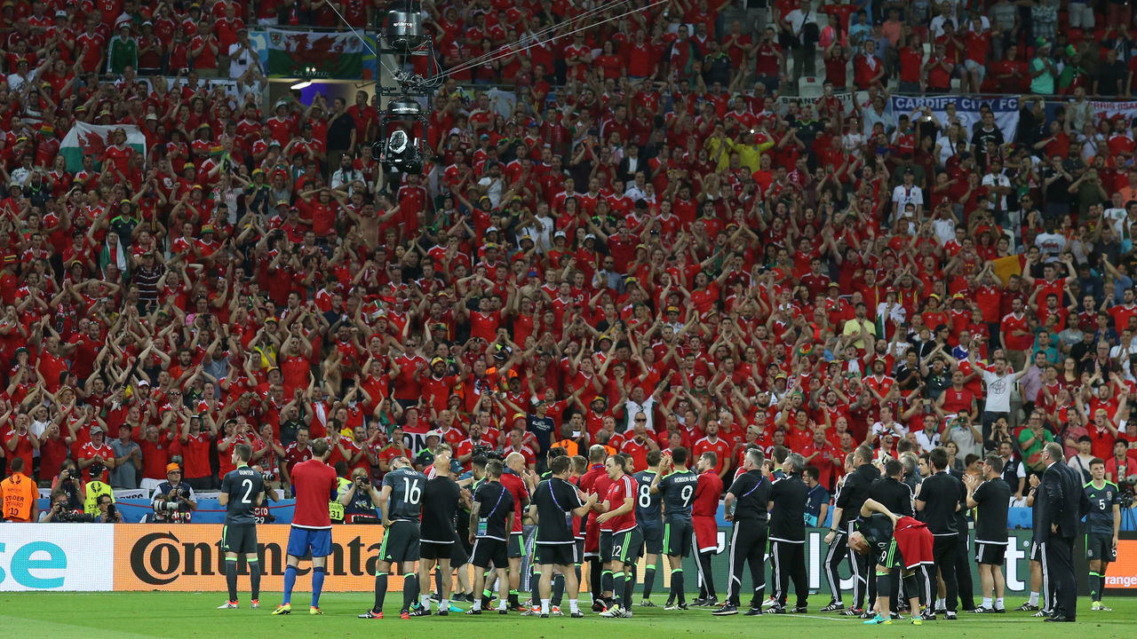 LYON, FRANCE - JULY 6: Players of Wales thank their fans for their support following the UEFA Euro 2016 semi-final between Wales and Portugal at Parc OL, Stade des Lumieres on July 6, 2016 in Lyon, France.