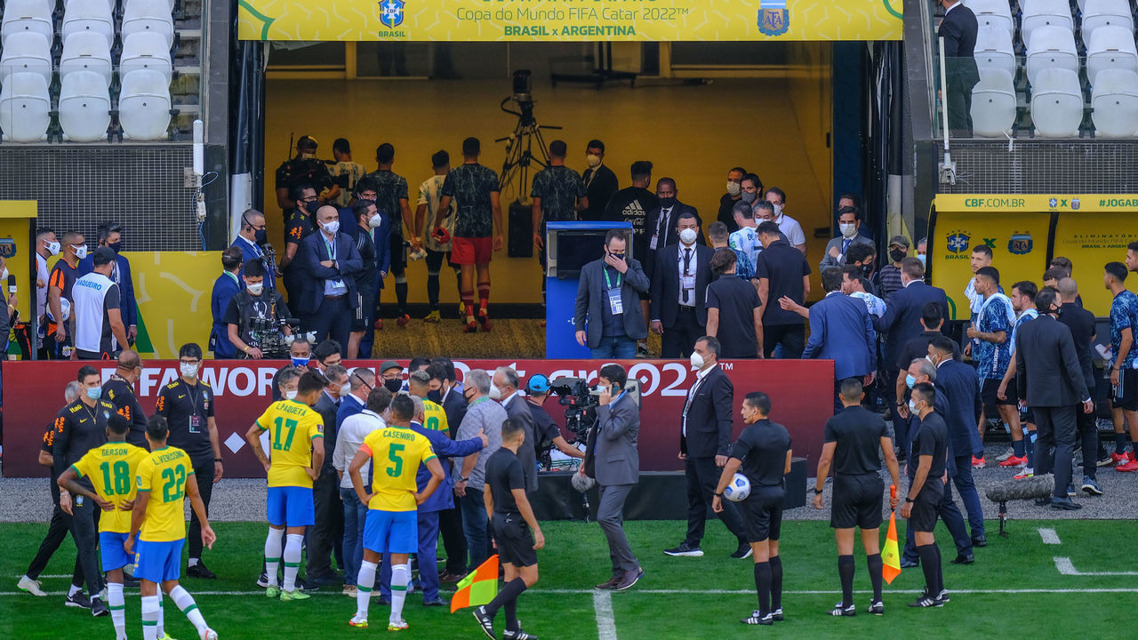 SAO PAULO, BRAZIL - SEPTEMBER 05: Players leave the area after the World Cup Qualifier game between Brazil and Argentina at Arena Corinthians on September 05, 2021 in Sao Paulo, Brazil. The World Cup Qualifier game between Brazil and Argentina has been suspended due to health reasons on Sunday. Brazilian Health Authorities storm field to deport 4 Premier League players accused of not complying with coronavirus rules.