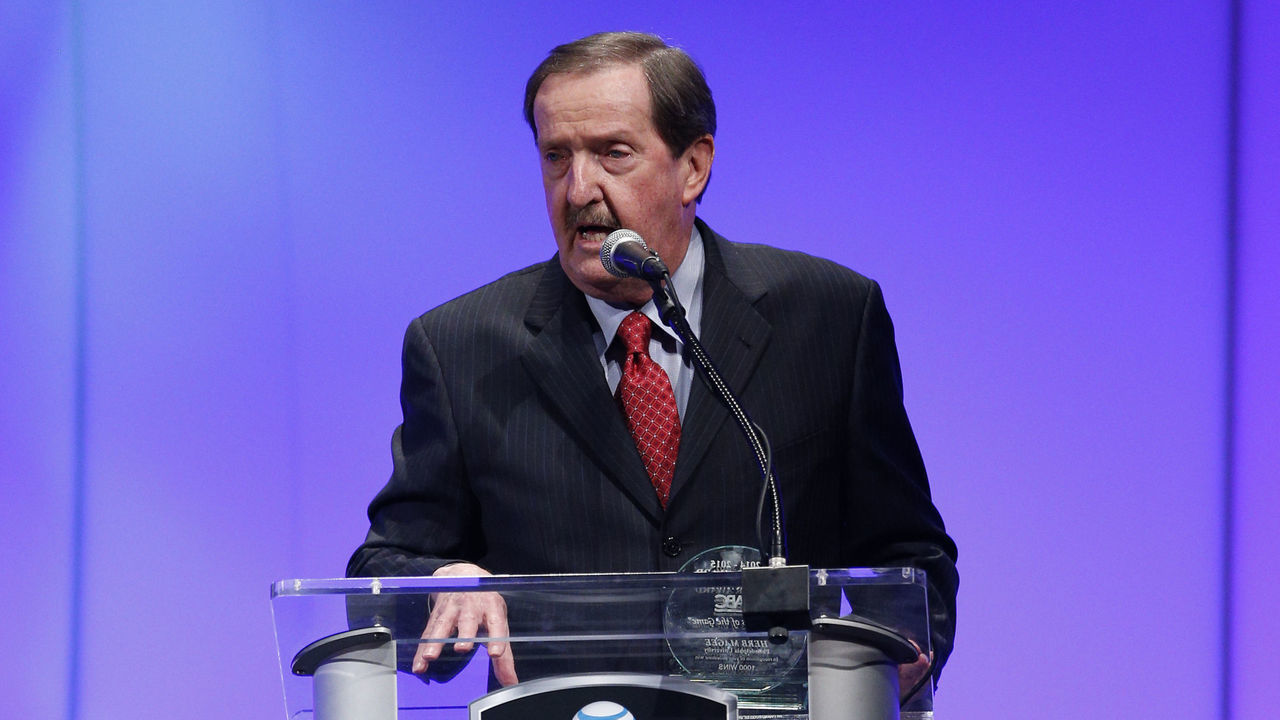 INDIANAPOLIS, IN - APRIL 5: Philadelphia head coach Herb Magee speaks after being honored for his 1,000 coaching wins during the AT&T NABC Guardians of the Game Awards Show on April 5, 2015 in Indianapolis, Indiana.