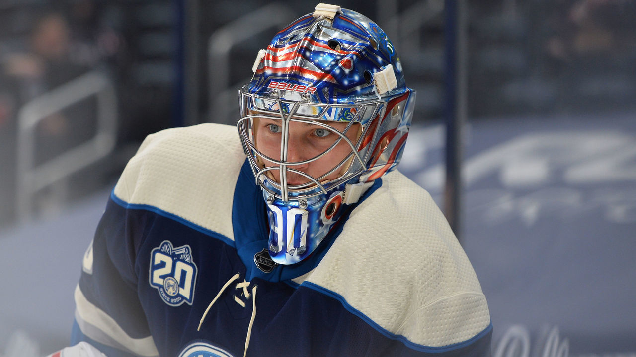 COLUMBUS, OH - MAY 7: Goaltender Elvis Merzlikins #90 of the Columbus Blue Jackets warms up prior to a game against the Detroit Red Wings at Nationwide Arena on May 7, 2021 in Columbus, Ohio.