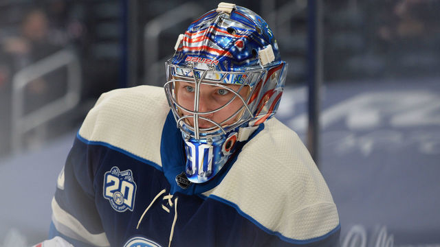 COLUMBUS, OH - MAY 7: Goaltender Elvis Merzlikins #90 of the Columbus Blue Jackets warms up prior to a game against the Detroit Red Wings at Nationwide Arena on May 7, 2021 in Columbus, Ohio.