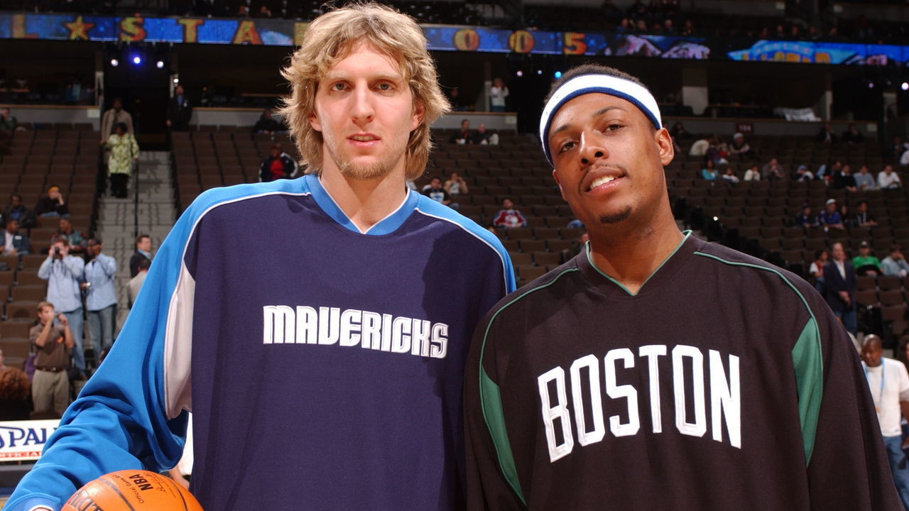 DENVER, CO - FEBRUARY 20: Dirk Nowitzki #41 of the Dallas Mavericks and Paul Pierce #34 of the Boston Celtics pose for a photograph during 2005 NBA All Star Game on February 20, 2005 at the Pepsi Center in Denver, Colorado. Mandatory Copyright Notice: Copyright 2005 NBAE