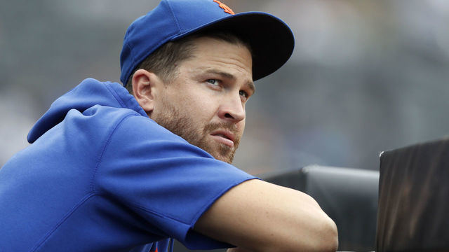 NEW YORK, NEW YORK - AUGUST 31: Jacob deGrom #48 of the New York Mets looks on against the Miami Marlins at Citi Field on August 31, 2021 in New York City. This is a continuation of the April 11 game which was suspended due to inclement weather. The Mets defeated the Marlins 6-5.