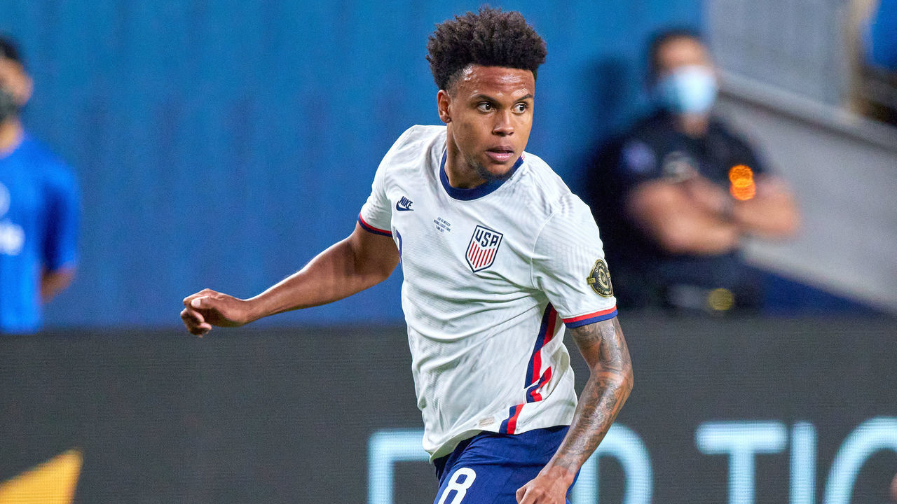 DENVER, CO - JUNE 06: United States midfielder Weston McKennie (8) looks on in action during the CONCACAF Nations League finals between Mexico and the United States on June 06, 2021, at Empower Field at Mile High in Denver, CO.