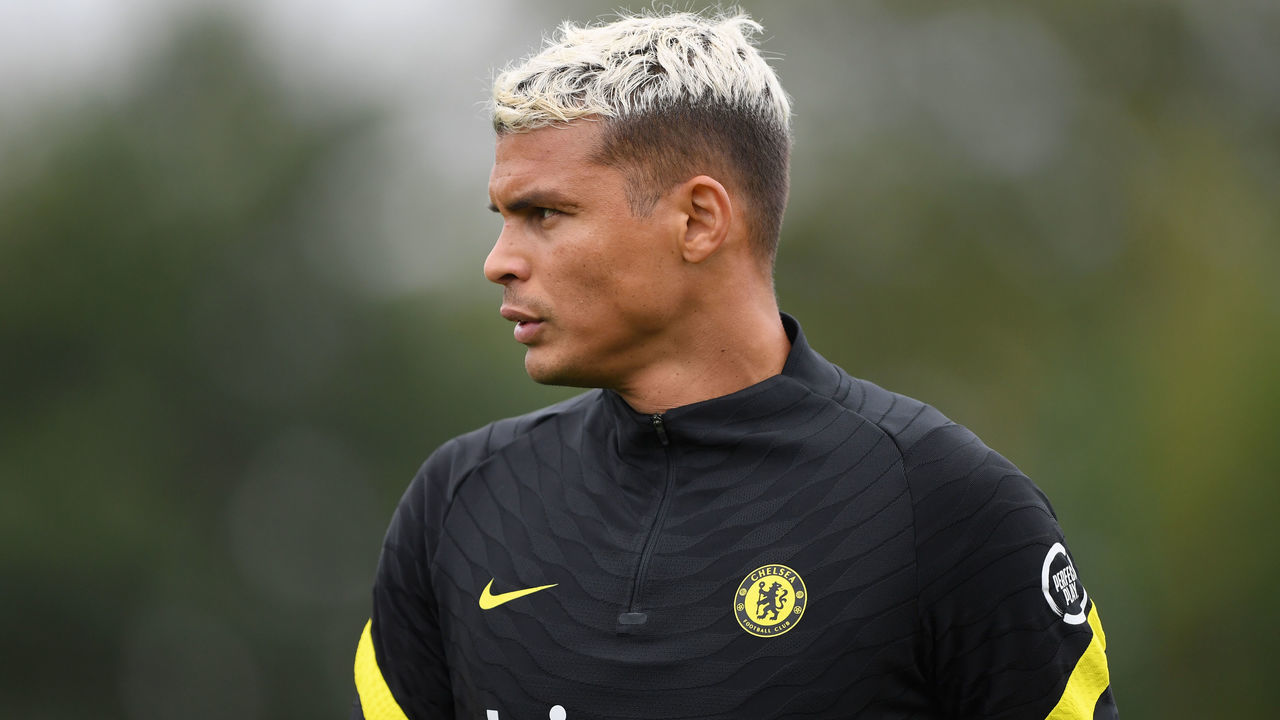 COBHAM, ENGLAND - SEPTEMBER 02: Thiago Silva of Chelsea looks on during a Chelsea FC Training Session at Chelsea Training Ground on September 02, 2021 in Cobham, England.