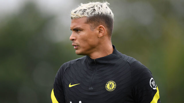 COBHAM, ENGLAND - SEPTEMBER 02: Thiago Silva of Chelsea looks on during a Chelsea FC Training Session at Chelsea Training Ground on September 02, 2021 in Cobham, England.