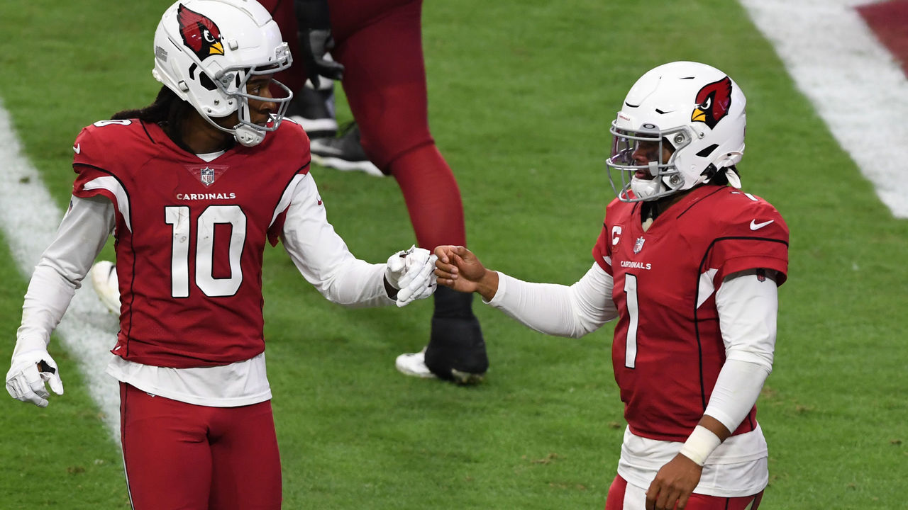 GLENDALE, ARIZONA - SEPTEMBER 20: Kyler Murray #1 of the Arizona Cardinals celebrates with DeAndre Hopkins #10 after scoring his second touchdown of the game against the Washington Football Team during the fourth quarter at State Farm Stadium on September 20, 2020 in Glendale, Arizona. Cardinals won 30-15.