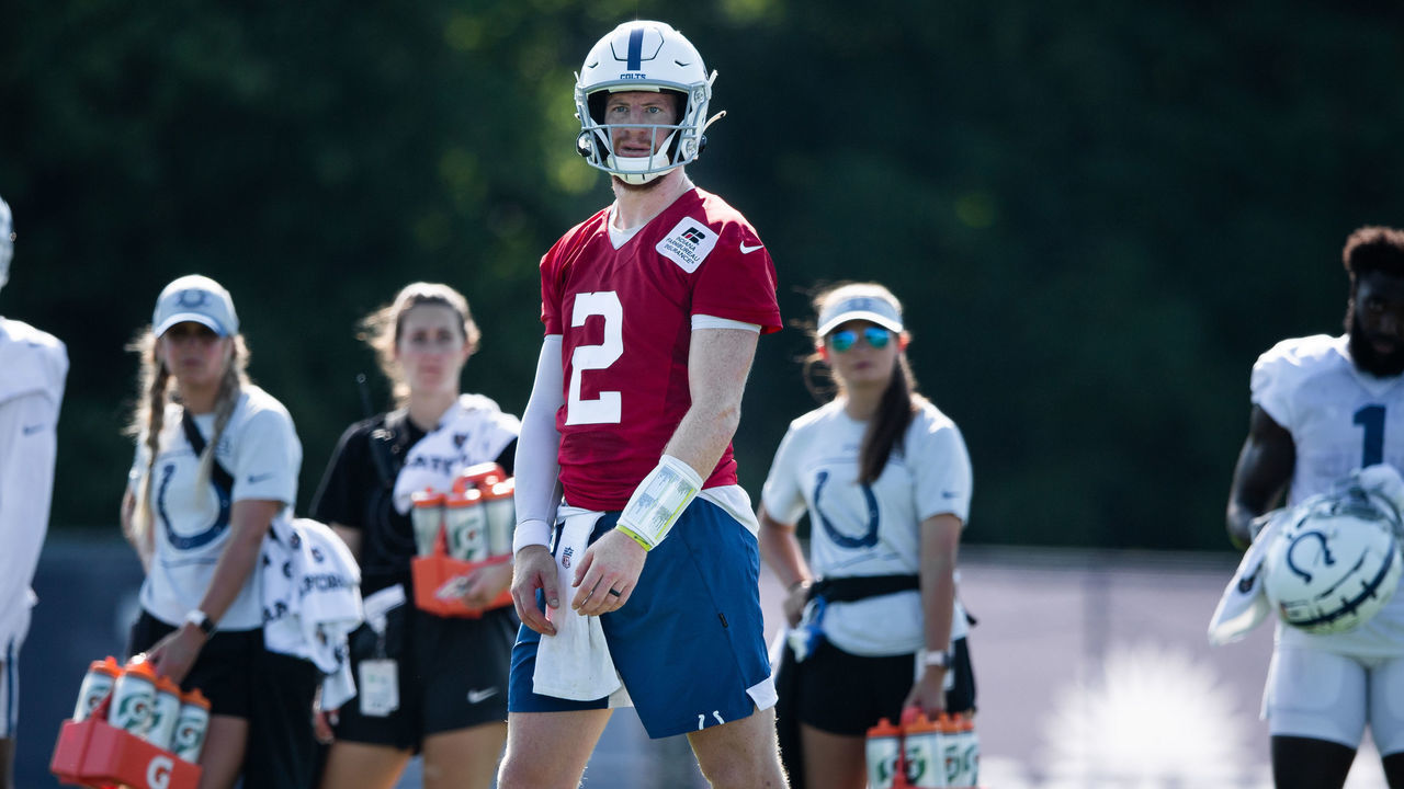 WESTFIELD, IN - AUGUST 24: Indianapolis Colts quarterback Carson Wentz (2) runs through a drill during the Indianapolis Colts training camp practice on August 24, 2021 at Grand Park Sports Complex in Westfield, IN.
