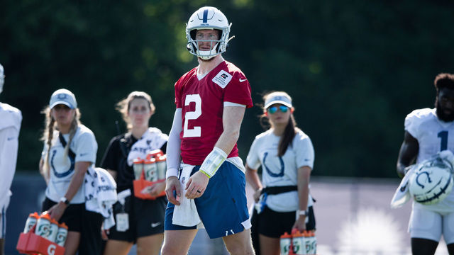 WESTFIELD, IN - AUGUST 24: Indianapolis Colts quarterback Carson Wentz (2) runs through a drill during the Indianapolis Colts training camp practice on August 24, 2021 at Grand Park Sports Complex in Westfield, IN.