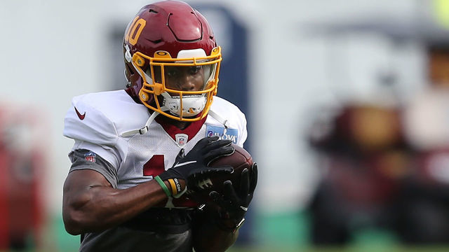 ASHBURN, VA - AUGUST 15: Washington Football Team wide receiver Curtis Samuel (10) participates in drills during the Washington Football Team training camp practice on August 15, 2021, at the Washington Football Team training facility Inova Sports Performance Center in Ashburn, VA.