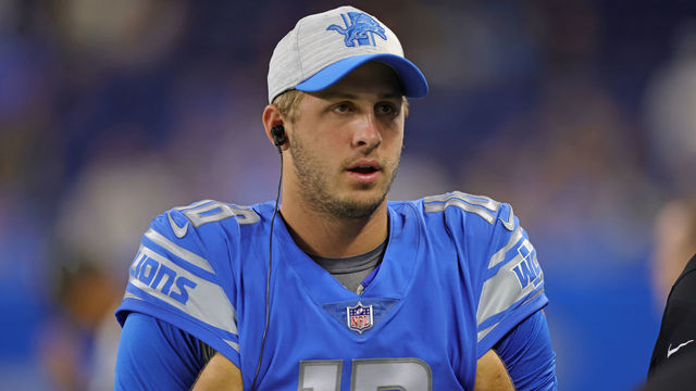 DETROIT, MICHIGAN - AUGUST 27: Jared Goff #16 of the Detroit Lions watches the action during the fourth quarter of the game against the Indianapolis Colts at Ford Field on August 27, 2021 in Detroit, Michigan. The Colts defeated the Lions 27-17.