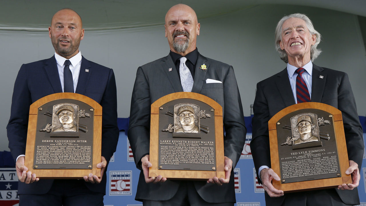 COOPERSTOWN, NEW YORK - SEPTEMBER 08: Derek Jeter, Larry Walker and Ted Simmons pose for a photograph with their plaques during the Baseball Hall of Fame induction ceremony at Clark Sports Center on September 08, 2021 in Cooperstown, New York.