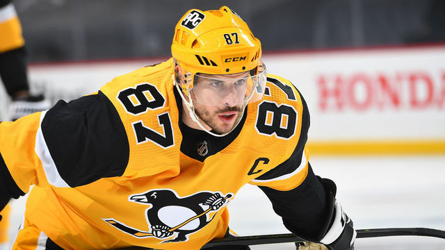 PITTSBURGH, PA - MAY 24: Sidney Crosby #87 of the Pittsburgh Penguins skates against the New York Islanders in Game Five of the First Round of the 2021 Stanley Cup Playoffs at PPG PAINTS Arena on May 24, 2021 in Pittsburgh, Pennsylvania.