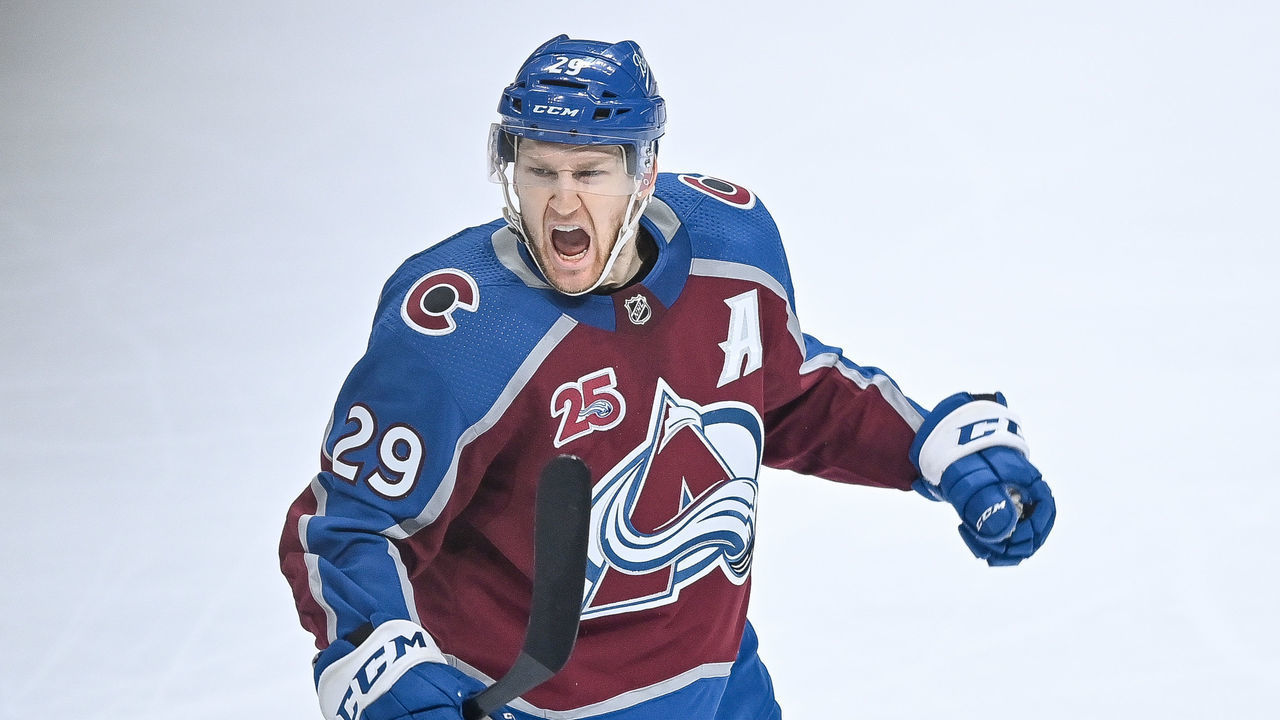 DENVER, CO - MAY 19: Colorado Avalanche center Nathan MacKinnon (29) celebrates after a third period goal against the St. Louis Blues during a Stanley Cup Playoffs first round game between the St. Louis Blues and the Colorado Avalanche at Ball Arena in Denver, Colorado on May 19, 2021.