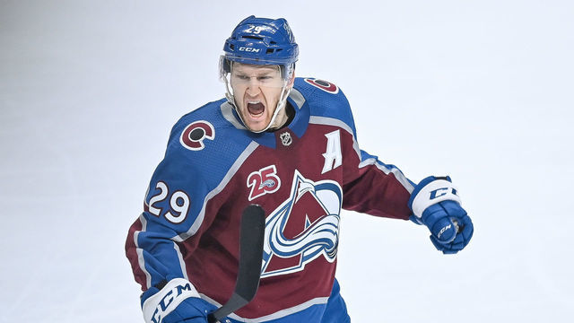 DENVER, CO - MAY 19: Colorado Avalanche center Nathan MacKinnon (29) celebrates after a third period goal against the St. Louis Blues during a Stanley Cup Playoffs first round game between the St. Louis Blues and the Colorado Avalanche at Ball Arena in Denver, Colorado on May 19, 2021.