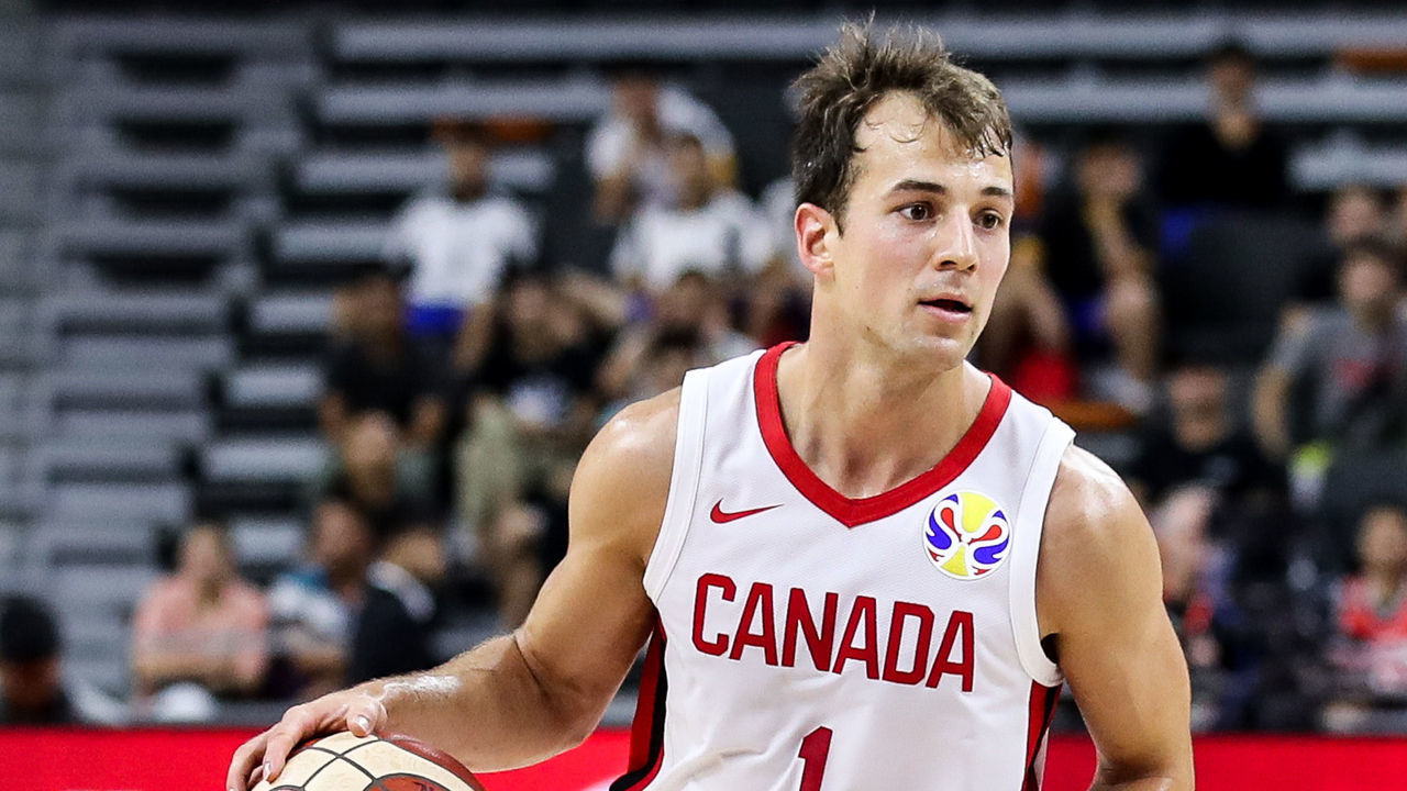 DONGGUAN, CHINA - SEPTEMBER 05: #1 Kevin Pangos of Canada drives during the 2019 FIBA World Cup, first round match between Canada and Senegal at Dongguan Basketball Center on September 05, 2019 in Dongguan, China.
