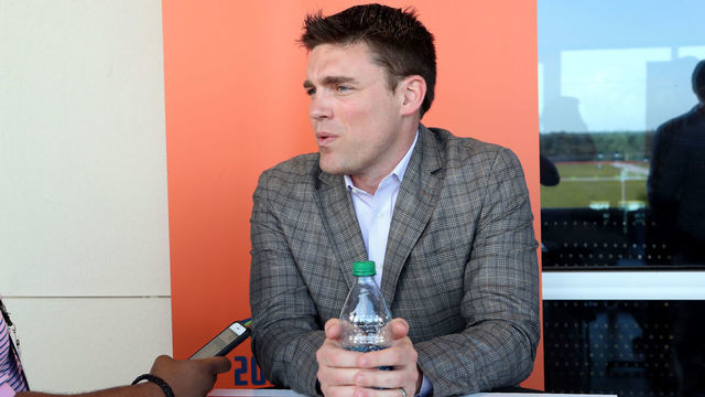NORTH PORT, FL - FEBRUARY 16: Tampa Bay Rays General Manager Erik Neander talks to the media during the Grape Fruit League Media Availability at CoolToday Park on Monday, February 16, 2020 in North Port, Florida.