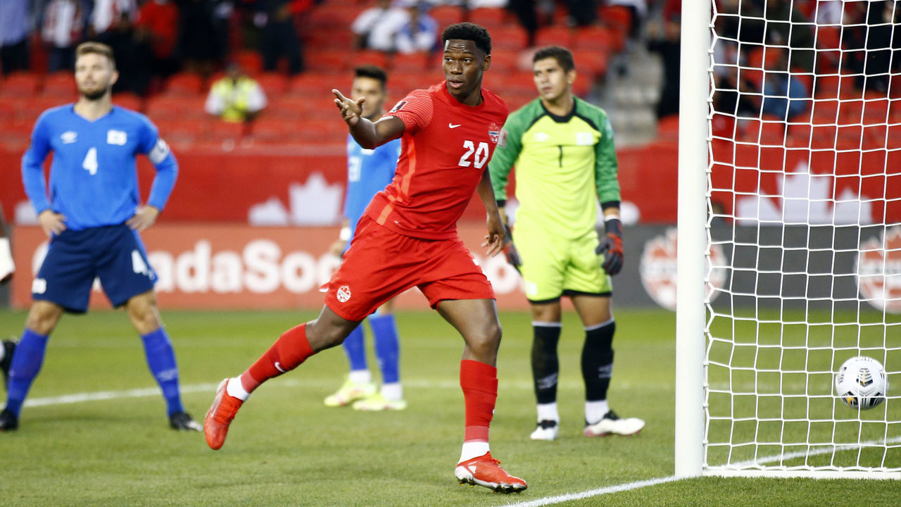TORONTO, ON - SEPTEMBER 08: Jonathan David #20 of Canada celebrates a goal during a 2022 World Cup Qualifying match against El Salvador at BMO Field on September 8, 2021 in Toronto, Ontario, Canada.