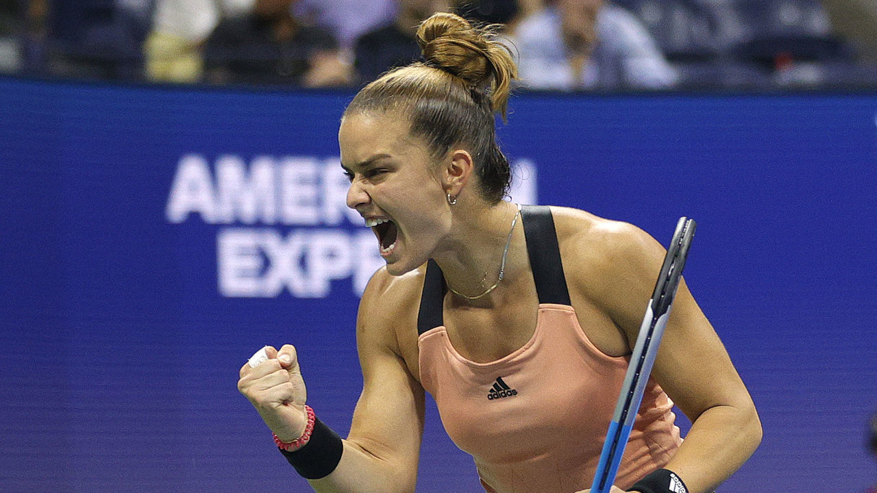 NEW YORK, NEW YORK - SEPTEMBER 08: Maria Sakkari of Greece reacts as she plays against Karolina Pliskova of Czech Republic during her Women's Singles quarterfinal match on Day Ten of the 2021 US Open at the USTA Billie Jean King National Tennis Center on September 08, 2021 in the Flushing neighborhood of the Queens borough of New York City.