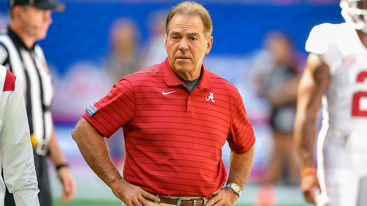 ATLANTA, GA SEPTEMBER 04: Alabama head coach Nick Saban prior to the start of the Chick-fil-A Kick-Off Game between the Miami Hurricanes and the Alabama Crimson Tide on September 4th, 2021 at Mercedes-Benz Stadium in Atlanta, GA.