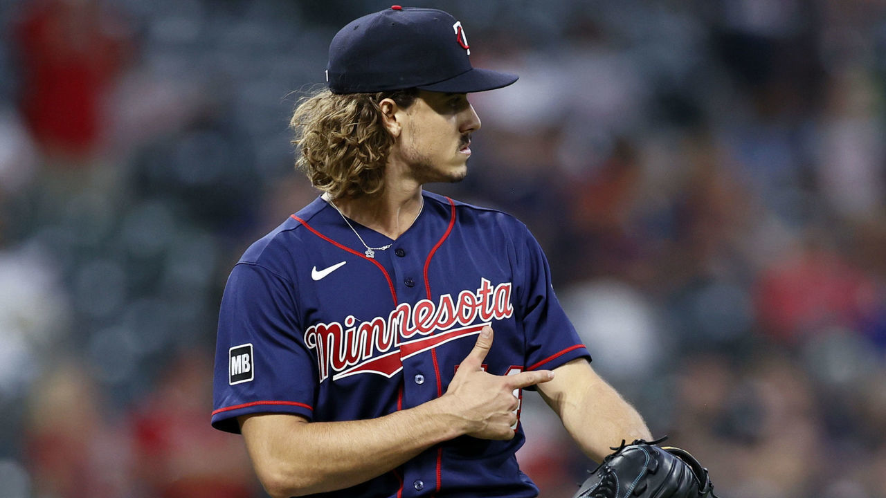 CLEVELAND, OH - SEPTEMBER 08: Joe Ryan #74 of the Minnesota Twins reacts after giving up a single to Amed Rosario #1 of the Cleveland Indians during the seventh inning at Progressive Field on September 08, 2021 in Cleveland, Ohio. The Twins defeated the Indians 3-0.