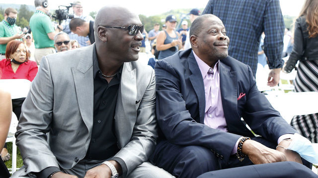 COOPERSTOWN, NEW YORK - SEPTEMBER 08: NBA Hall of Famers Micheal Jordan (L) and Patrick Ewing attend the Baseball Hall of Fame induction ceremony at Clark Sports Center on September 08, 2021 in Cooperstown, New York.