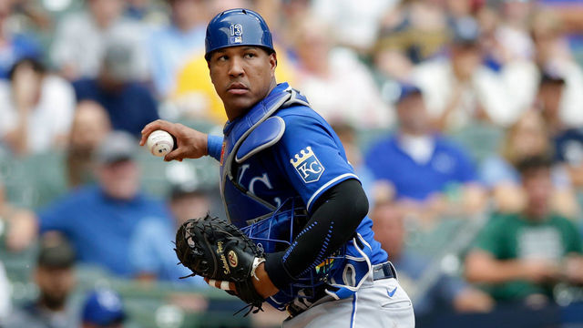 MILWAUKEE, WISCONSIN - JULY 20: Salvador Perez #13 of the Kansas City Royals throws out a runner against the Milwaukee Brewers at American Family Field on July 20, 2021 in Milwaukee, Wisconsin. Royals defeated the Brewers 5-2.