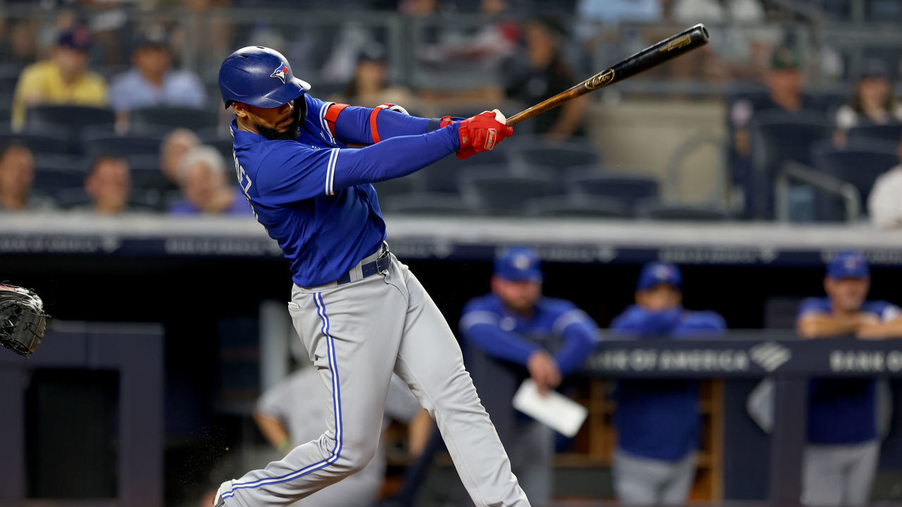 NEW YORK, NY - SEPTEMBER 08: Teoscar Hernandez #37 of the Toronto Blue Jays hits an RBI single during the seventh inning of a game against the New York Yankees at Yankee Stadium on September 8, 2021 in New York City.