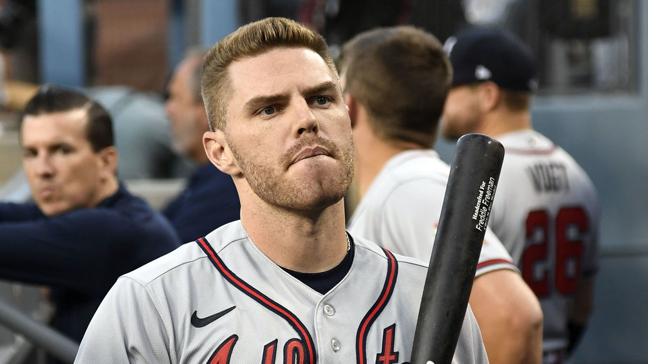 LOS ANGELES, CA - AUGUST 30: Freddie Freeman #5 of the Atlanta Braves in the dugout before the start of the game against Los Angeles Dodgers at Dodger Stadium on August 30, 2021 in Los Angeles, California.