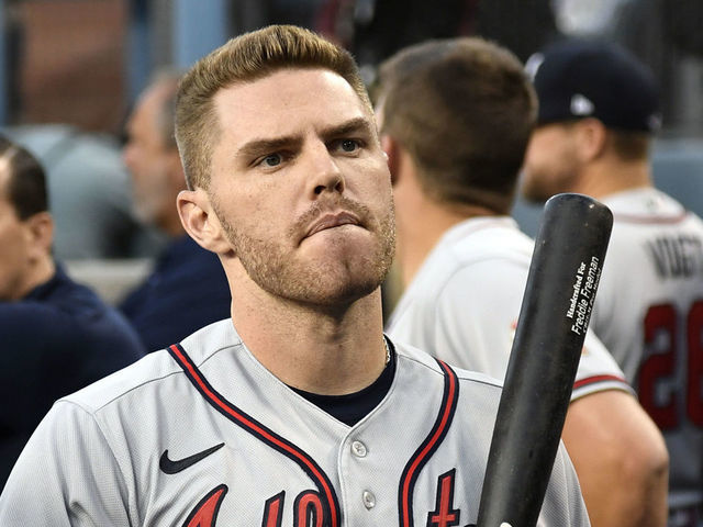 LOS ANGELES, CA - AUGUST 30: Freddie Freeman #5 of the Atlanta Braves in the dugout before the start of the game against Los Angeles Dodgers at Dodger Stadium on August 30, 2021 in Los Angeles, California.