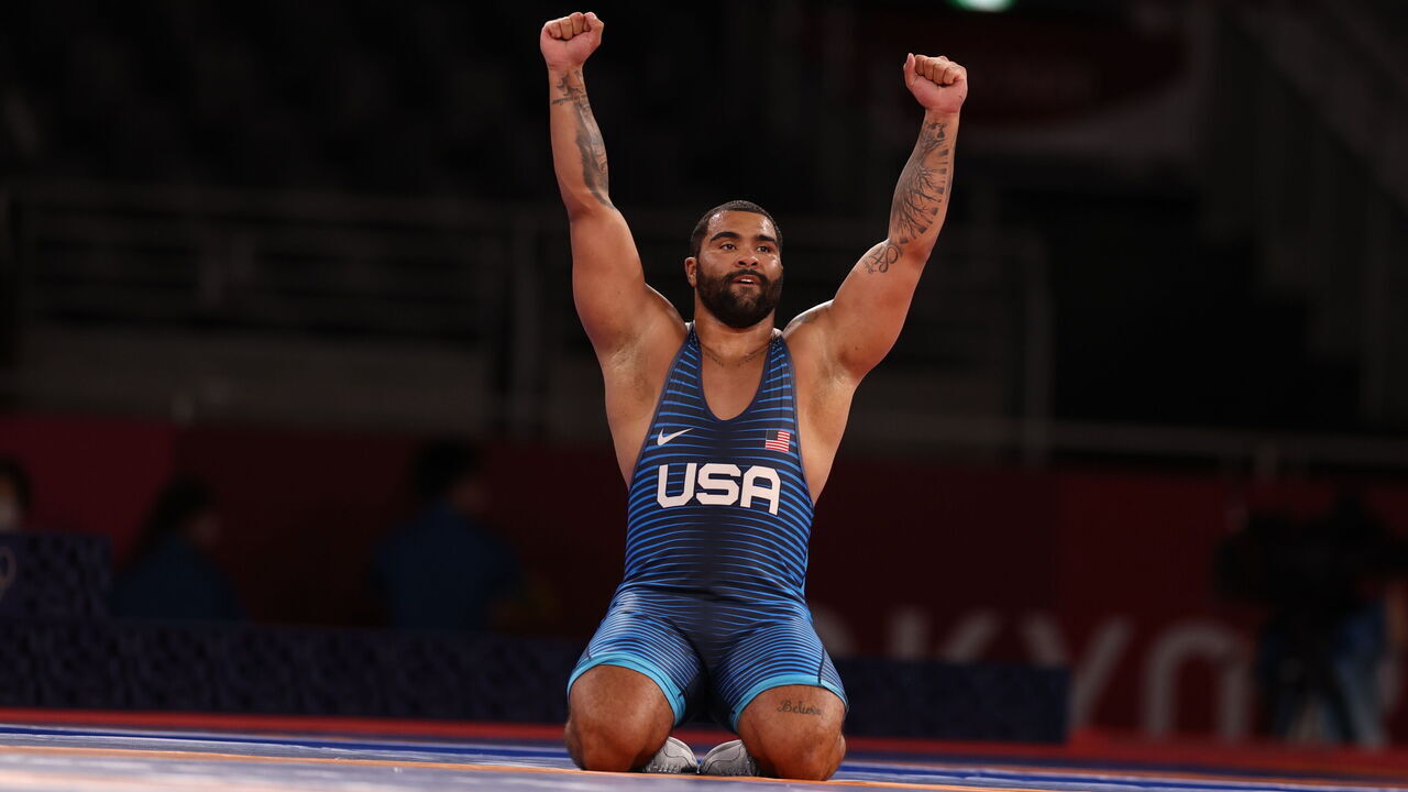 Wrestling: 2020 Summer Olympics: USA Gable Steveson victorious during Men's Freestyle 125kg Final at Makuhari Messe Hall. Steveson wins gold. Tokyo, Japan 8/6/2021 CREDIT: Simon Bruty