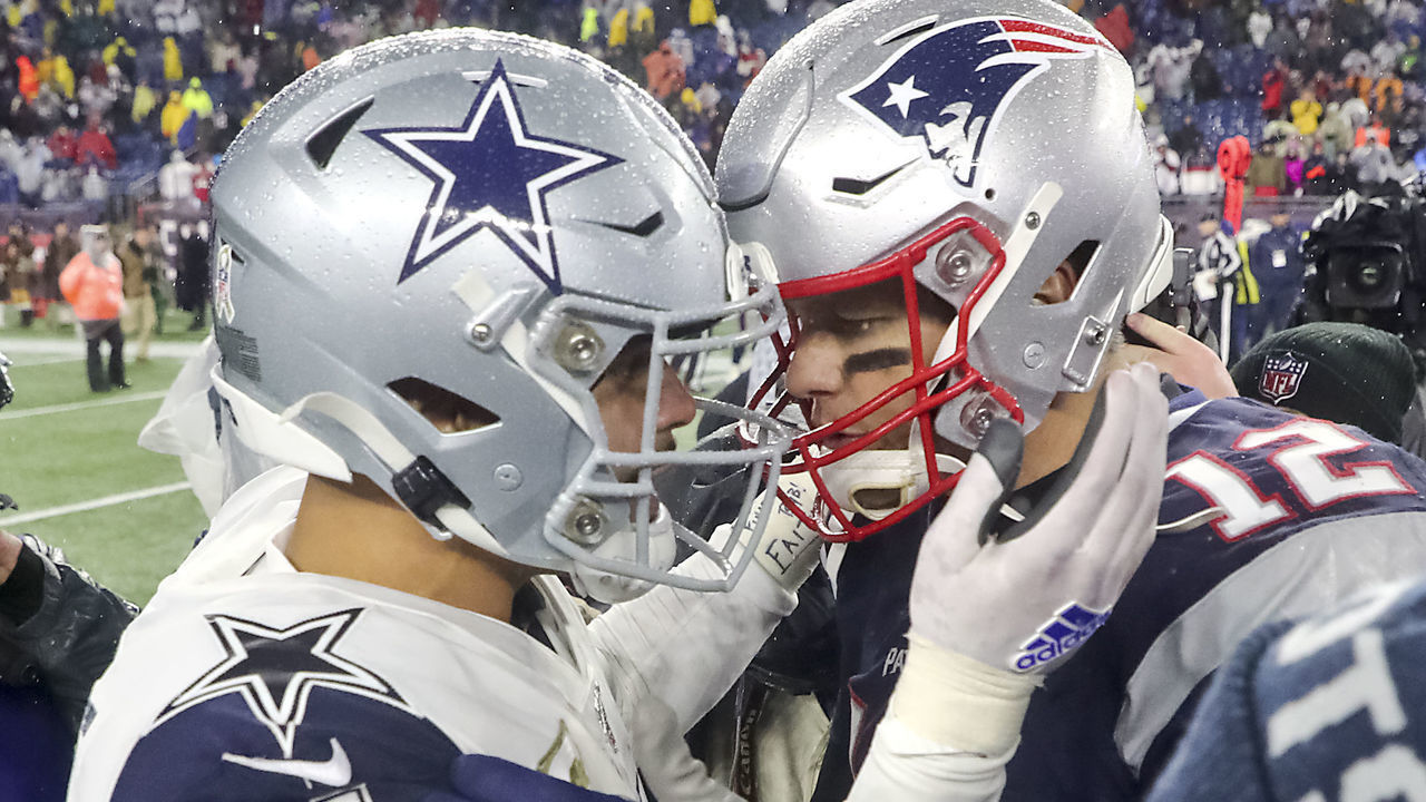 FOXBOROUGH, MA - NOVEMBER 24: New England Patriots quarterback Tom Brady and Dallas Cowboys quarterback Dak Prescott talk after the Patriots defeated the Cowboys 13-9 at Gillette Stadium. The New England Patriots host the Dallas Cowboys for a Sunday afternoon football game at Gillette Stadium in Foxborough, MA on Nov. 24, 2019.