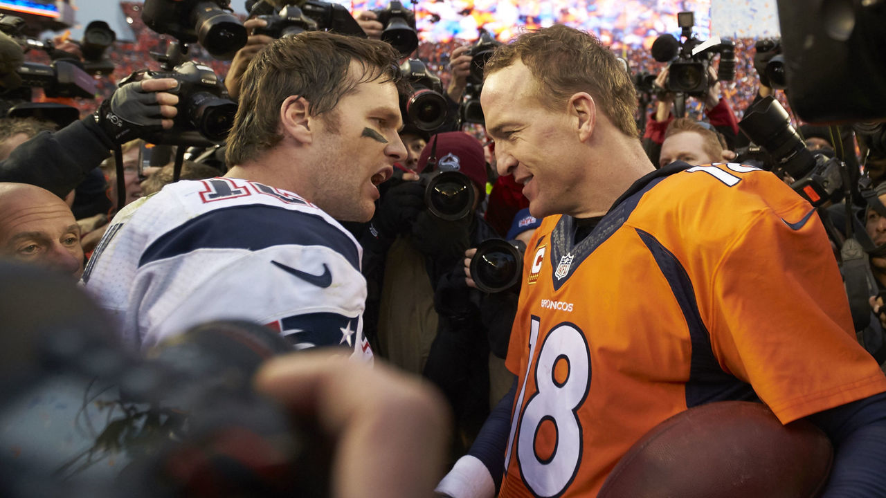 Football: AFC Playoffs: New England Patriots QB Tom Brady (12) with Denver Broncos QB Peyton Manning (18) after game at Sports Authority Field at Mile High. Denver, CO 1/24/2016 CREDIT: Jeff Haynes (Set Number: SI-188 TK1 )