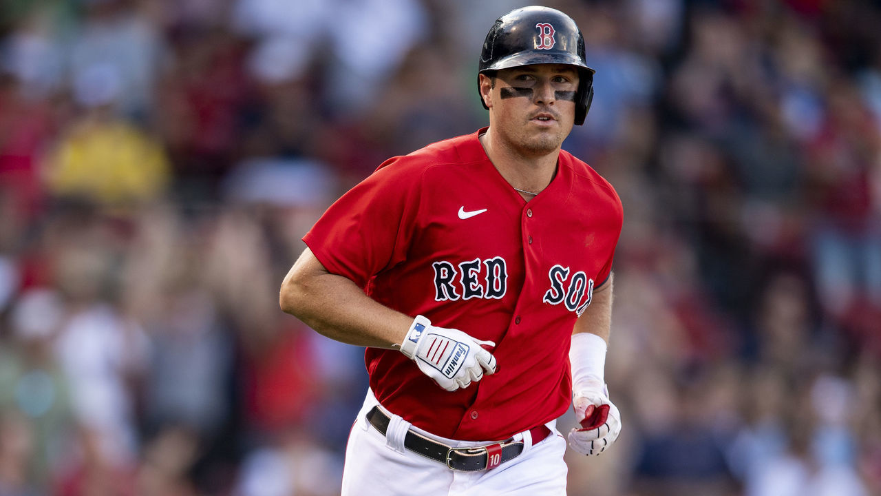 BOSTON, MA - SEPTEMBER 6: Hunter Renfroe #10 of the Boston Red Sox reacts after hitting an Rbi single during the sixth inning of a game against the Tampa Bay Rays on September 6, 2021 at Fenway Park in Boston, Massachusetts.