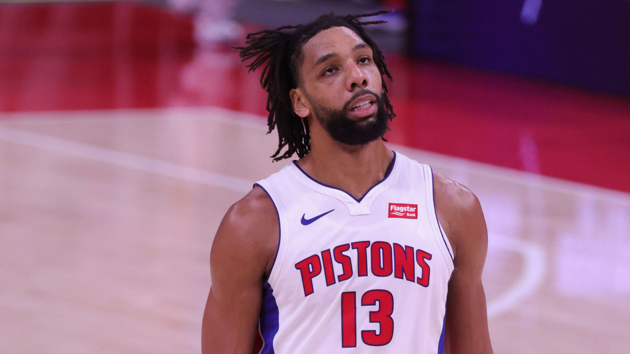DETROIT, MICHIGAN - JANUARY 13: Jahlil Okafor #13 of the Detroit Pistons looks to the score board during the fourth quarter of the game against the Milwaukee Bucks at Little Caesars Arena on January 13, 2021 in Detroit, Michigan. Milwaukee Bucks defeated Detroit Pistons 110-101.