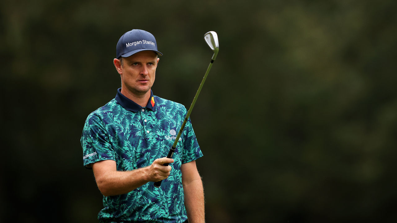 VIRGINIA WATER, ENGLAND - SEPTEMBER 09: Justin Rose lines up his second shot on the 6th hole during Day One of The BMW PGA Championship at Wentworth Golf Club on September 09, 2021 in Virginia Water, England.