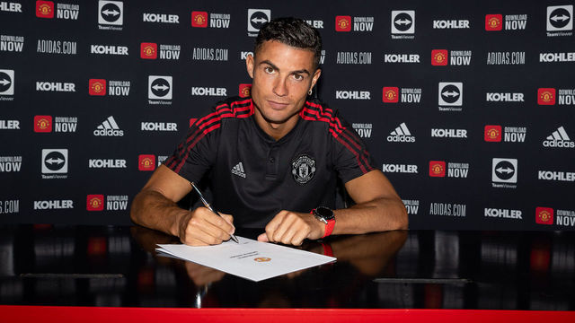 MANCHESTER, ENGLAND - SEPTEMBER 08: (EXCLUSIVE COVERAGE) Cristiano Ronaldo of Manchester United poses after signing his contract with the club at Carrington Training Ground on September 08, 2021 in Manchester, England.