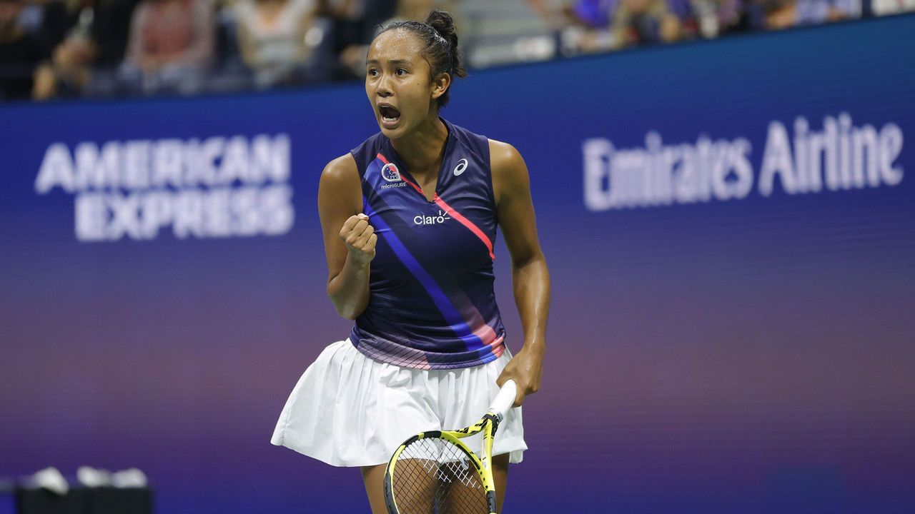 NEW YORK, NEW YORK - SEPTEMBER 09: Leylah Annie Fernandez of Canada reacts against Aryna Sabalenka of Belarus during her Women’s Singles semifinals match on Day Eleven of the 2021 US Open at the USTA Billie Jean King National Tennis Center on September 09, 2021 in the Flushing neighborhood of the Queens borough of New York City.