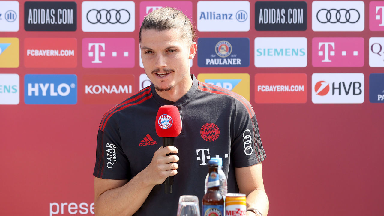 MUNICH, GERMANY - SEPTEMBER 09: Marcel Sabitzer of Bayern Muenchen is seen during an introduction media interview during his presentation press conference at Saebener Strasse training ground on September 09, 2021 in Munich, Germany.
