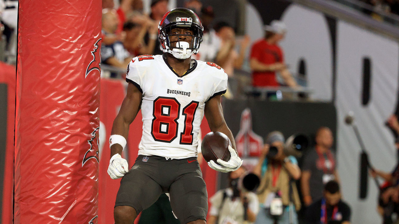 TAMPA, FLORIDA - SEPTEMBER 09: Antonio Brown #81 of the Tampa Bay Buccaneers celebrates his touchdown against the Dallas Cowboys during the second quarter at Raymond James Stadium on September 09, 2021 in Tampa, Florida.
