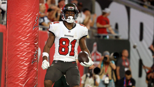 TAMPA, FLORIDA - SEPTEMBER 09: Antonio Brown #81 of the Tampa Bay Buccaneers celebrates his touchdown against the Dallas Cowboys during the second quarter at Raymond James Stadium on September 09, 2021 in Tampa, Florida.